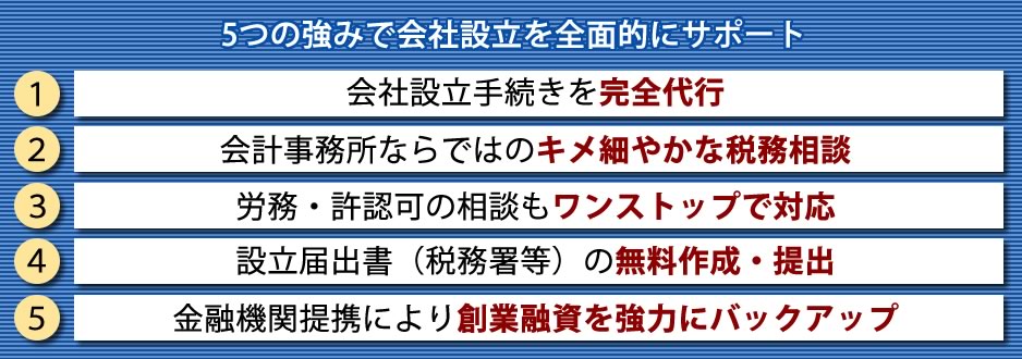 会社設立手続き完全代行・会計事務所ならではの税務相談・労務許認可の相談も可能・設立届出書の無料作成&提出・金融機関提携により創業融資をバックアップ
